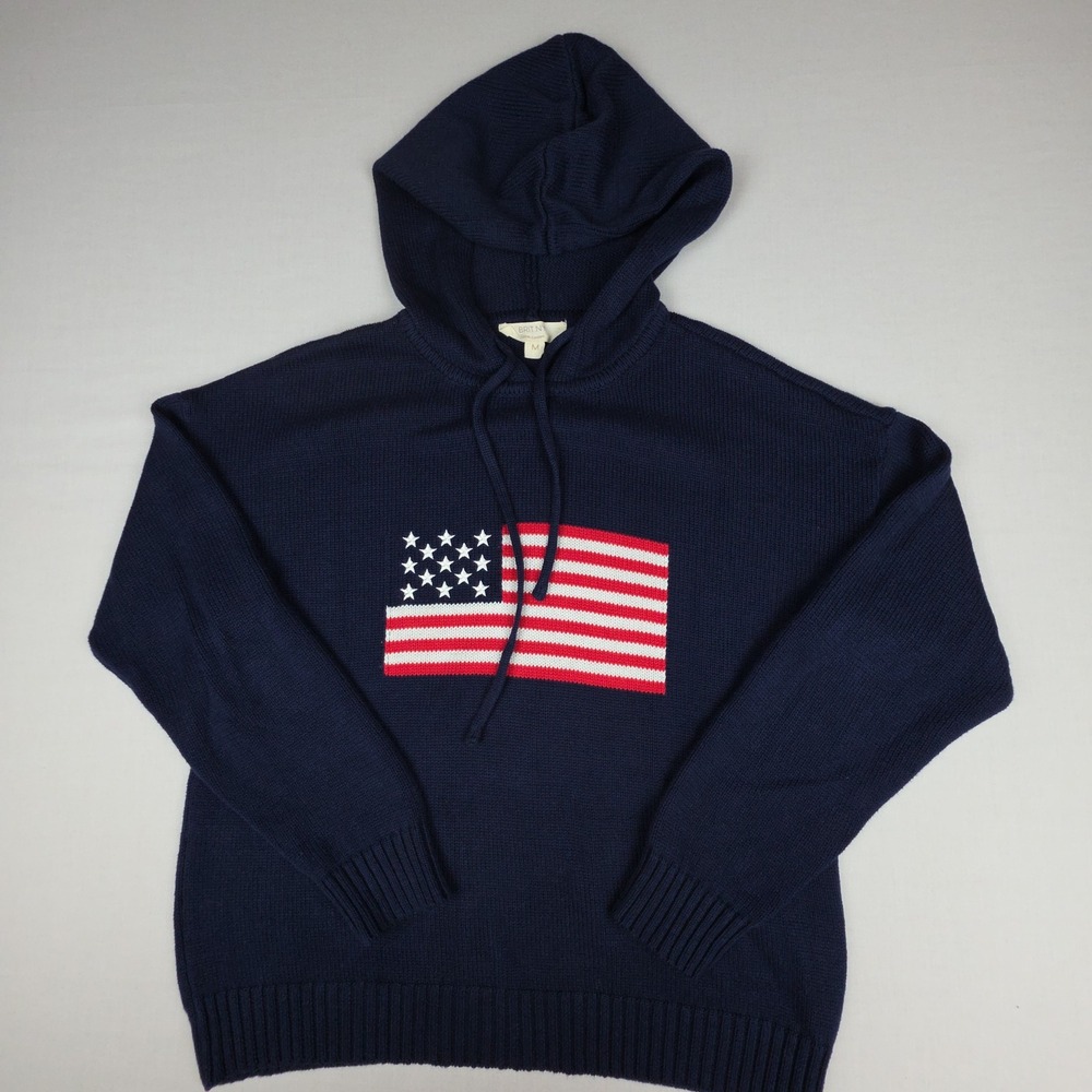BRIT NY American Flag Knit Hoodie Sweater Women M Navy Blue Stars Stripes Cotton